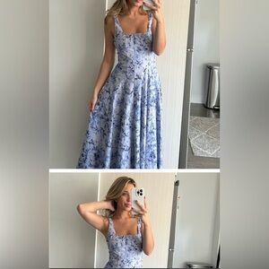 STAUD Wells Midi Dress in Blue Toile 0